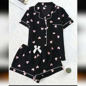 Women's Black Heart Print Pajama  Short Set New